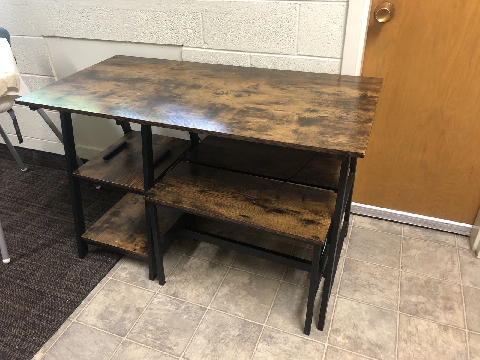 Industrial Style Dining Table with 2 Benches - Wood & Metal Rustic Seating Set