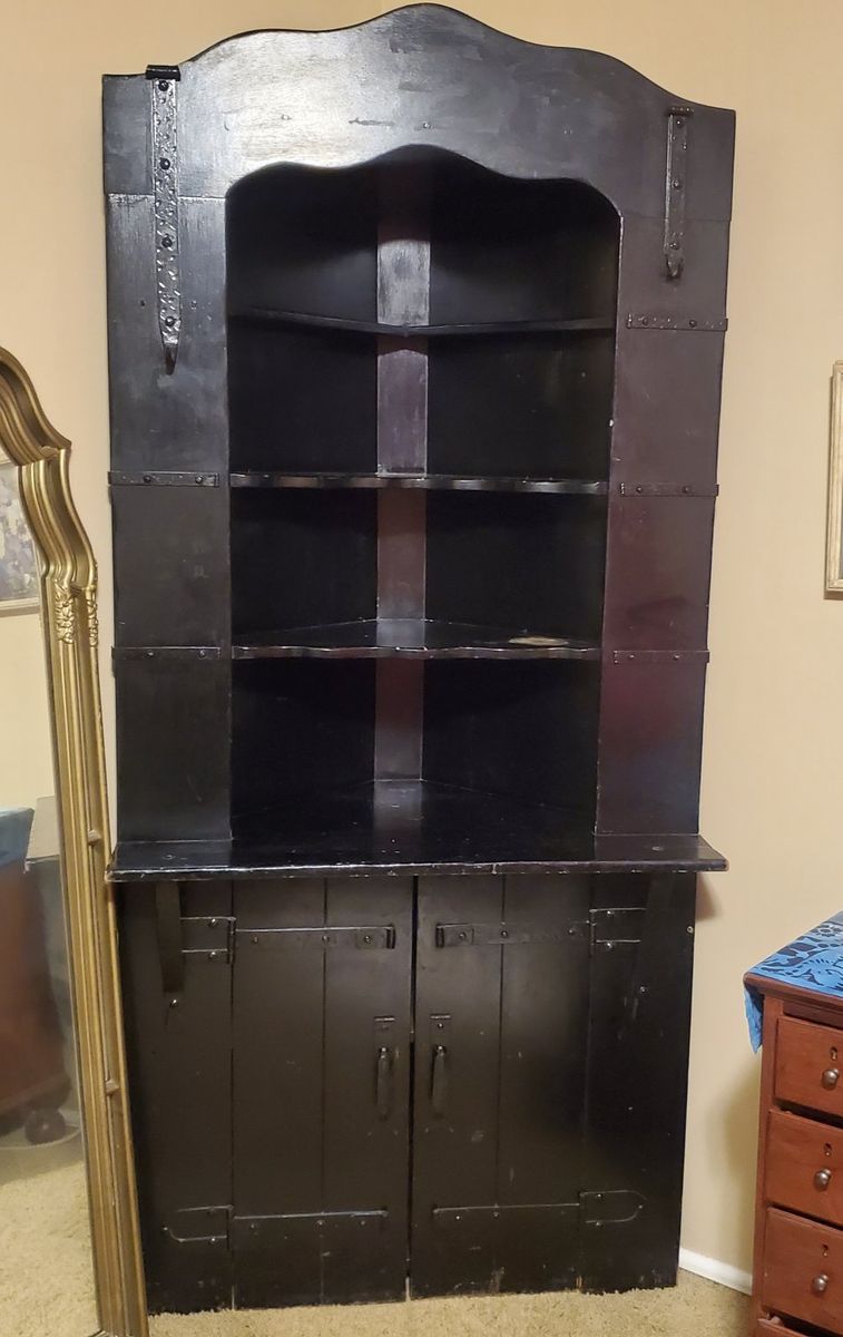 Vintage Mohogany  Black Corner Hutch with Open Shelving and Lower Cabinet