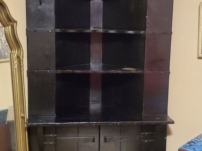 Vintage Mohogany Black Corner Hutch with Open Shelving and Lower Cabinet