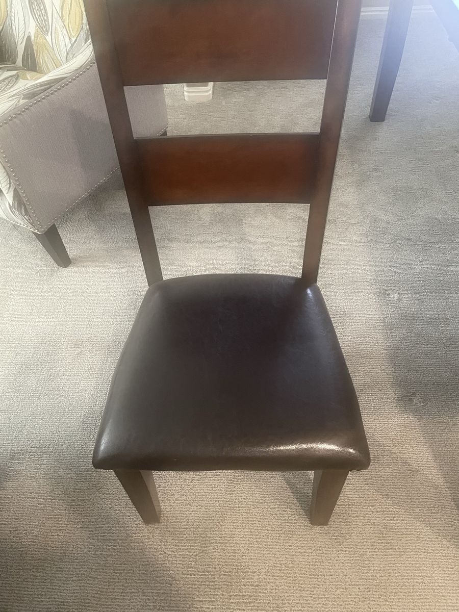 Wooden Dining Table with 8 Chairs, Dark Wood Finish, Faux Leather Seats