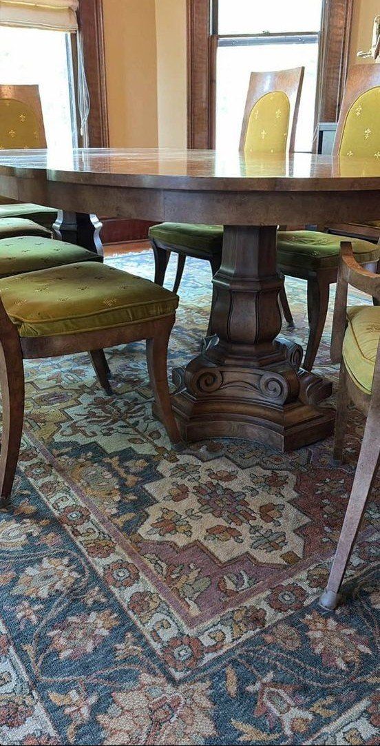 Vintage Burl Wood Oval Dining Table with 6 Upholstered Chairs - Extendable Dining Set