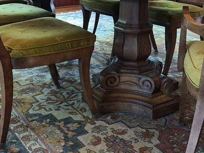 Vintage Burl Wood Oval Dining Table with 6 Upholstered Chairs - Extendable Dining Set