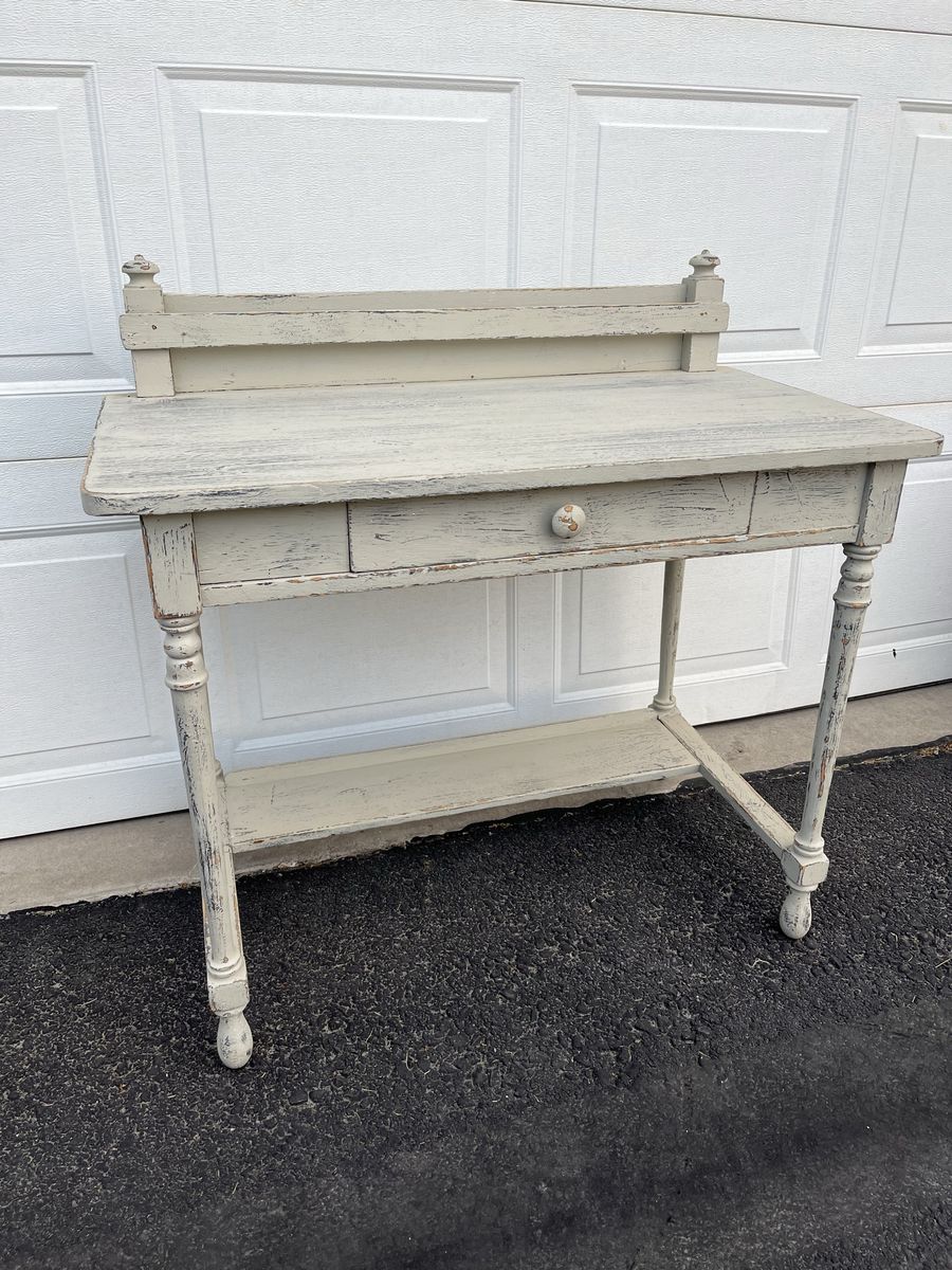 Rustic Distressed Off-White Wooden Desk Entryway Table with Single Drawer