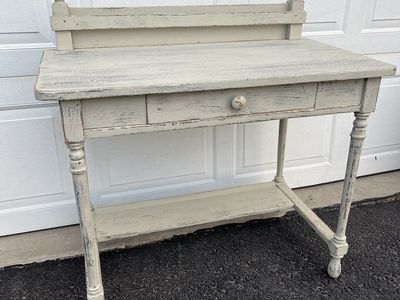 Rustic Distressed Off-White Wooden Desk Entryway Table with Single Drawer