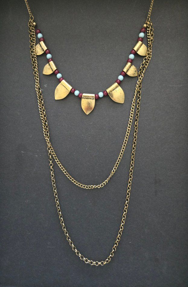 Boho Layered Brass Chain Necklace with Gold Tone Charms and Beading