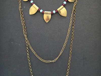 Boho Layered Brass Chain Necklace with Gold Tone Charms and Beading