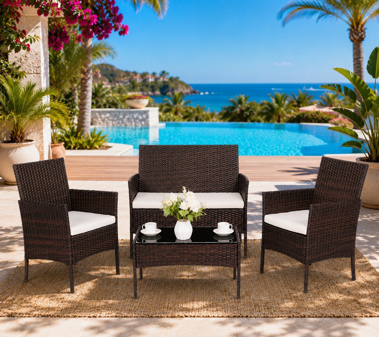 NEW 4-PIECES PATIO OUTDOOR FURNITURE SET COLOR BROWN RATTAN, CUSHIONS BEIGE