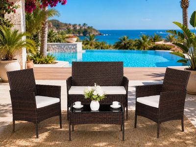 NEW 4-PIECES PATIO OUTDOOR FURNITURE SET COLOR BROWN RATTAN, CUSHIONS BEIGE