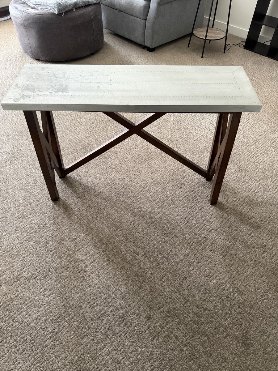 Industrial Style Console Table with Metal Top and Wood X-Frame Base