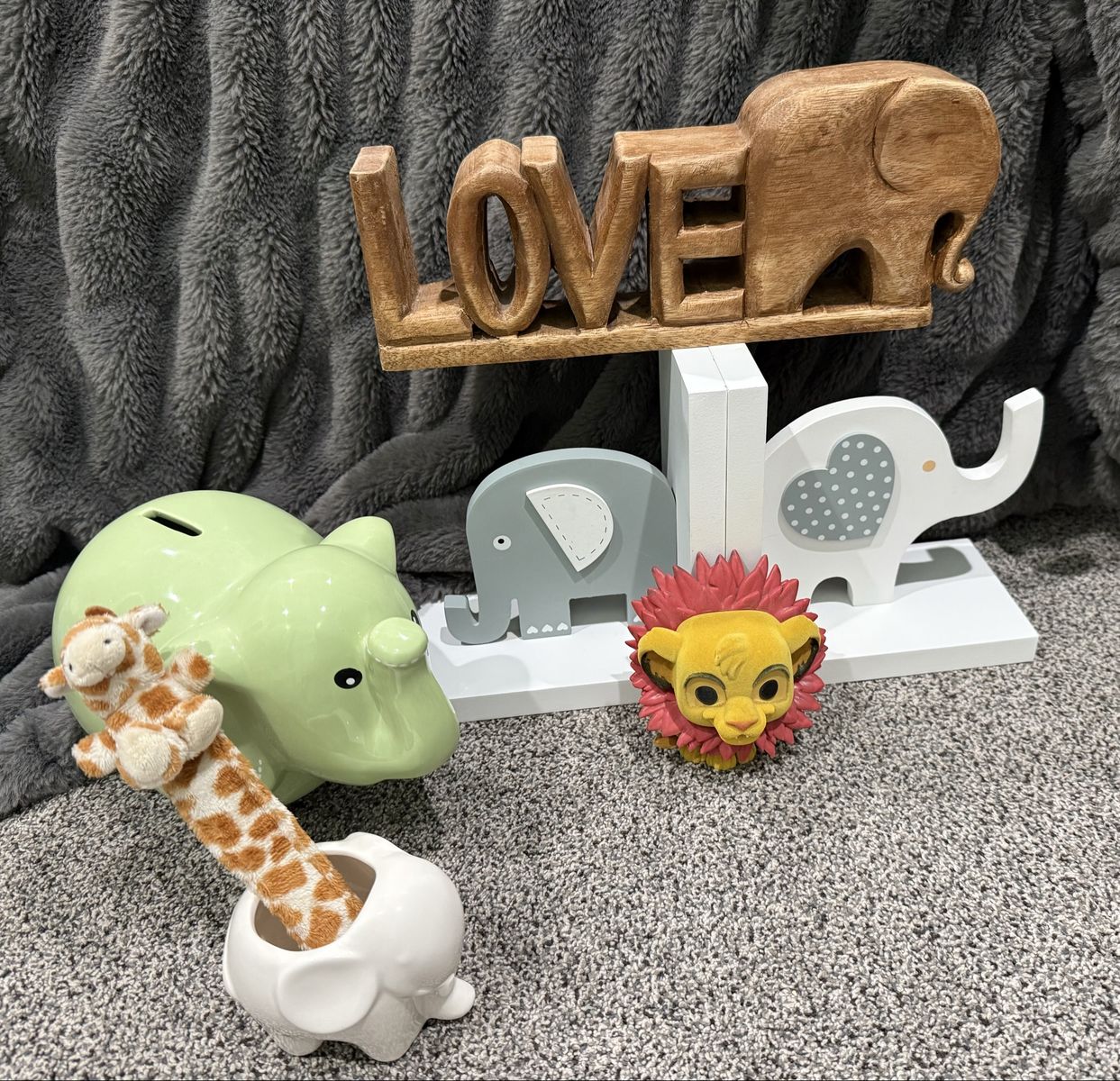 Nursery Decor Bundle: Wooden 'LOVE', Elephant Bookends, elephant Piggy Bank, Simba Figure, Giraffe bookmark.