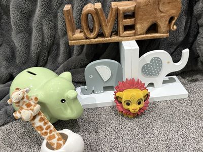 Nursery Decor Bundle: Wooden 'LOVE', Elephant Bookends, elephant Piggy Bank, Simba Figure, Giraffe bookmark.