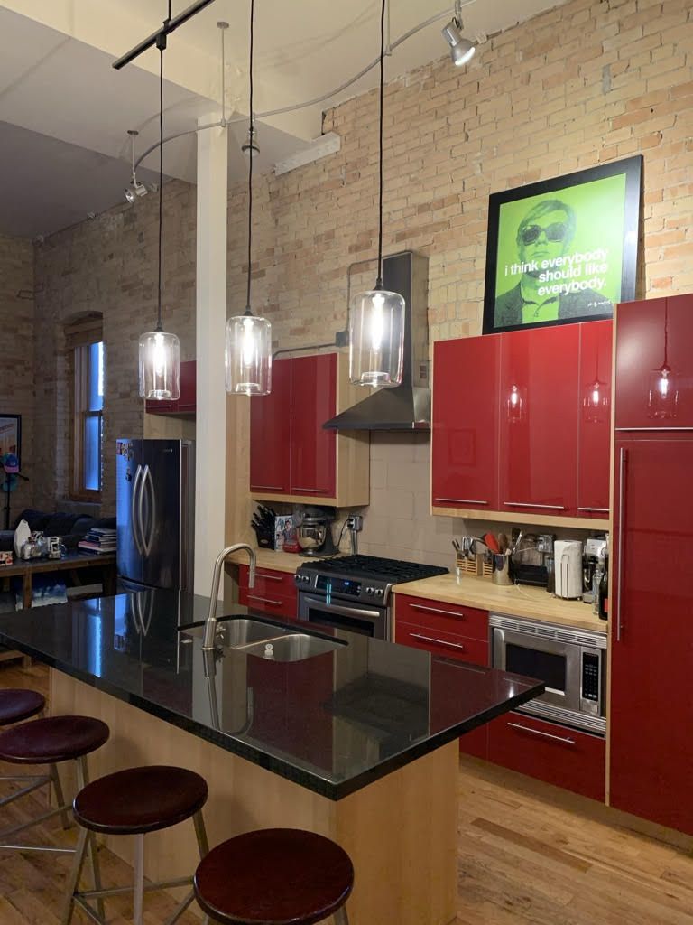 Modern Red Kitchen Cabinets + Island + Black Granite – Full Set