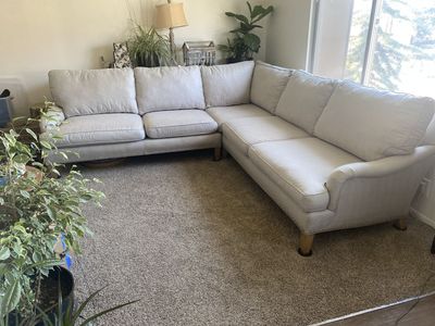 Sectional Couch - Light wheat colored Fabric with Nailhead Trim, Excellent Condition