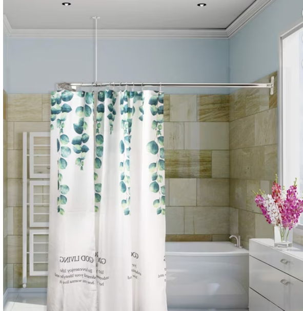 L-Shaped Shower Curtain Rod with Ceiling Support in Chrome Plated Finish, Adjustable up to 62 Inch L-Arm and 27 Inch W-Arm