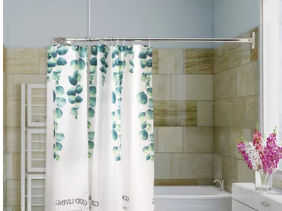 L-Shaped Shower Curtain Rod with Ceiling Support in Chrome Plated Finish, Adjustable up to 62 Inch L-Arm and 27 Inch W-Arm
