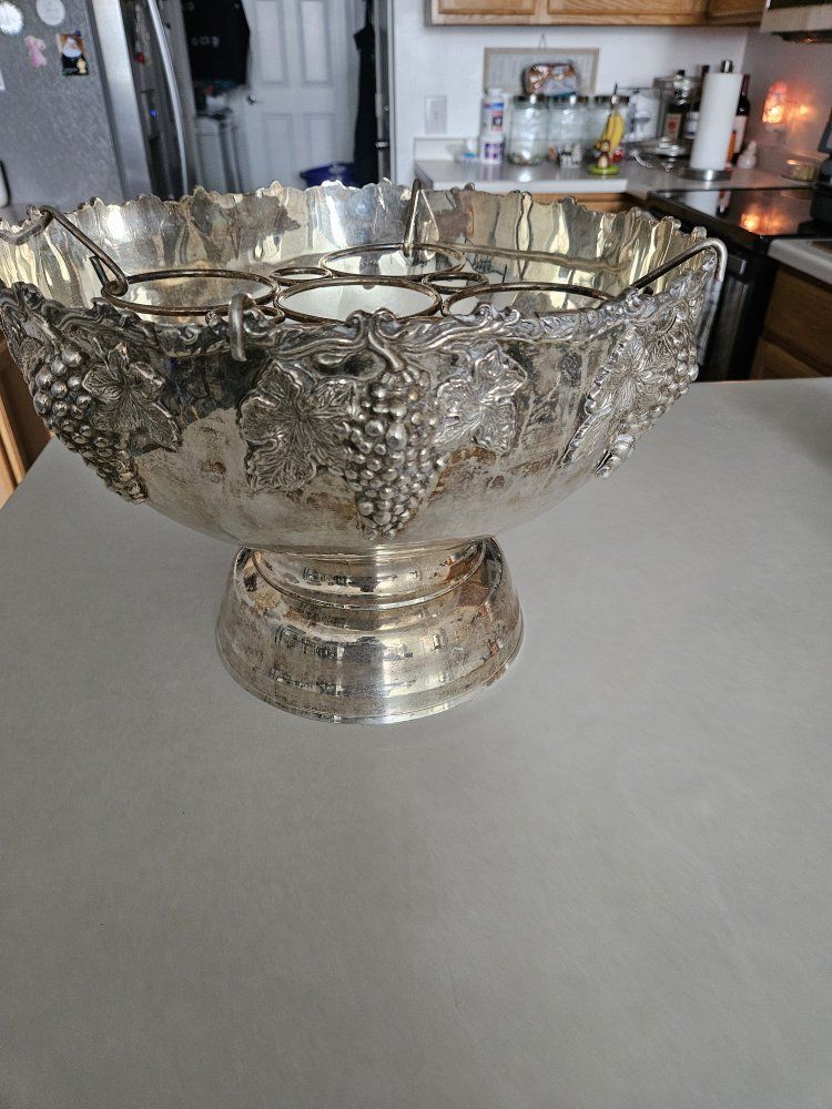 Vintage Silver Plated Punch Bowl with Grape Motif & Glass Holder Insert