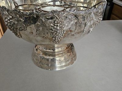 Vintage Silver Plated Punch Bowl with Grape Motif & Glass Holder Insert