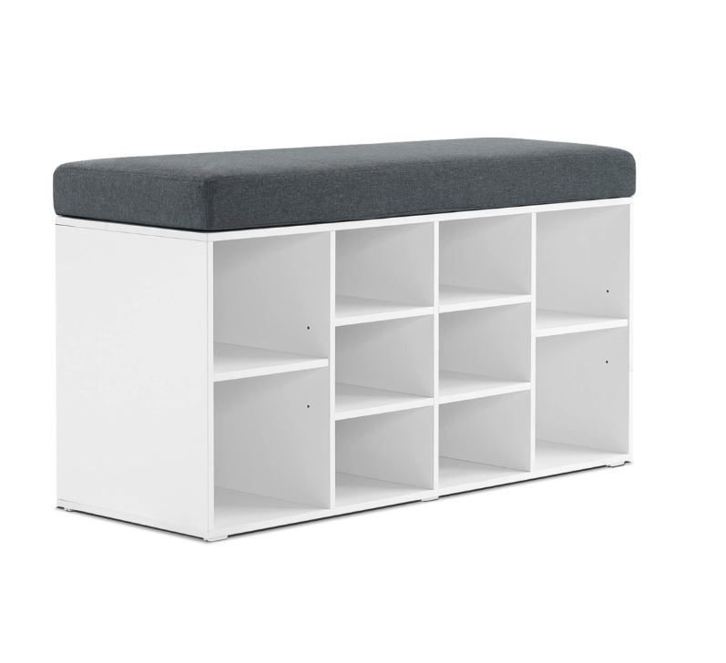 Shoe Storage Bench w/Cushion & 10 Cubbies, Rack Organizer w/Adjustable Shelves – White w/Gray Cushion
