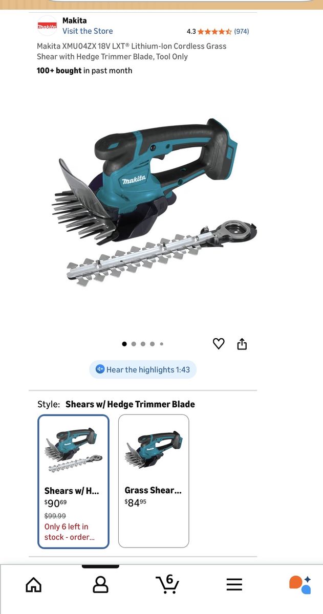 Makita 18V Cordless Grass Shear With Hedge Trimmer