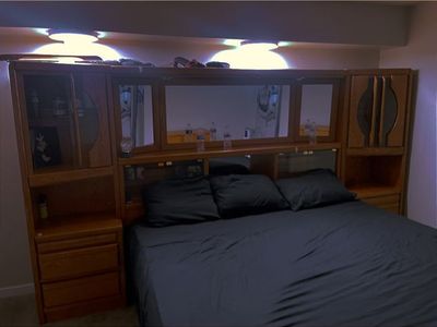King Size Oak backboard Set – Wall Unit Headboard with Mirrors & Storage.
