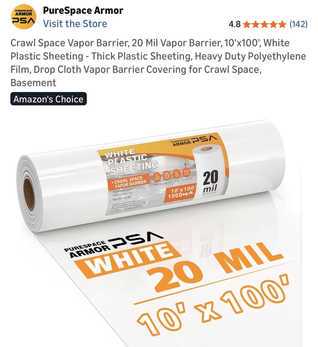 $100 LESS THAN AMAZON! BRAND NEW IN BOX 10’ X 100’ Roll Of Heavy Duty 20 Mil White Plastic Sheeting Vapor Barrier/Drop Cloth