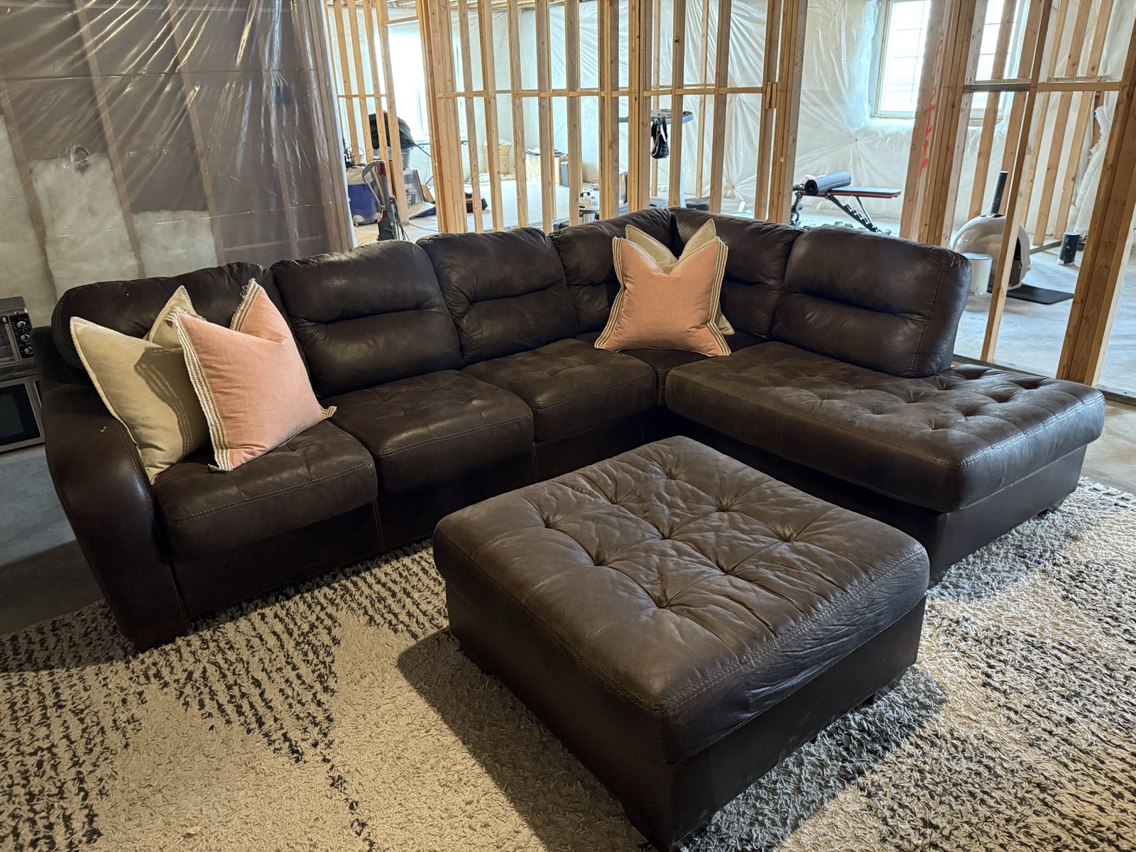 Dark Brown Faux Leather Sectional Sofa with Ottoman - Tufted, decent Condition