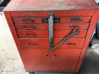 Snap-on Vintage Red 5-Drawer Tool Chest Cabinet with Side Handle and Wheels - Full of Tools