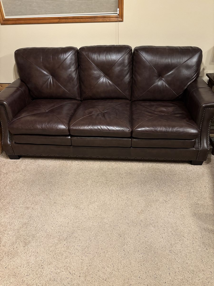 Brown Leather Sofa Couch with Nailhead Trim