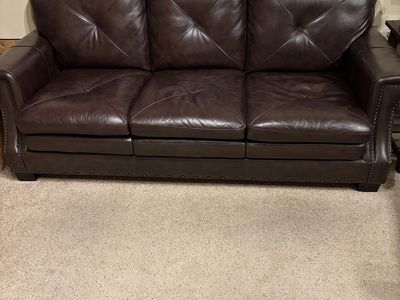 Brown Leather Sofa Couch with Nailhead Trim
