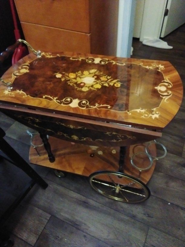 Vintage Itaian Floral Marquetry Inlay Tea & Bar Cart with Drop Leaves and Bottle Holders