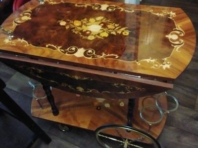 Vintage Itaian Floral Marquetry Inlay Tea & Bar Cart with Drop Leaves and Bottle Holders