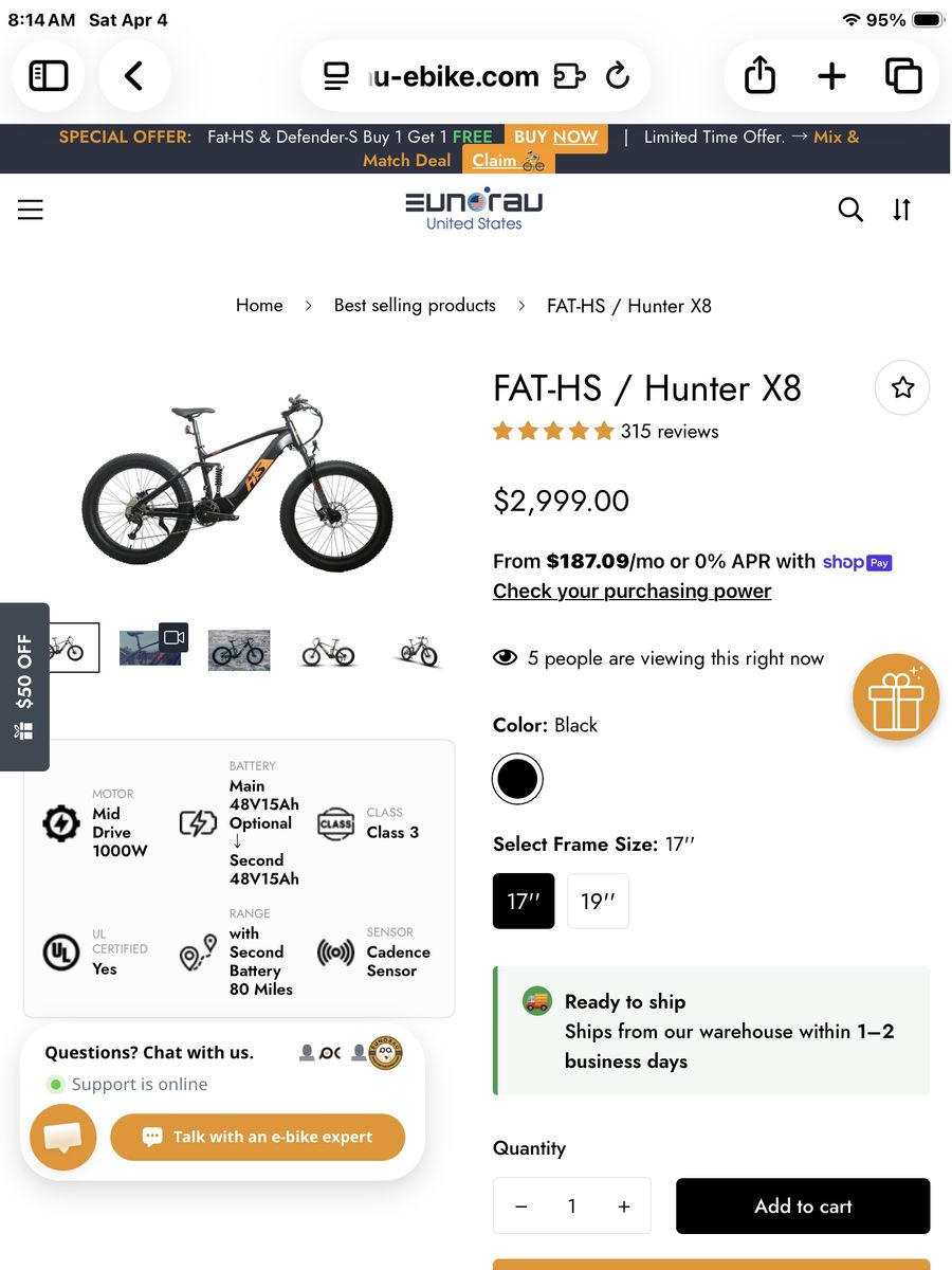 EUNORAU FAT-HS Hunter X8 1000W Mid-Drive Fat Tire Electric Bike w/ Dual Suspension