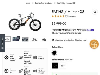 EUNORAU FAT-HS Hunter X8 1000W Mid-Drive Fat Tire Electric Bike w/ Dual Suspension