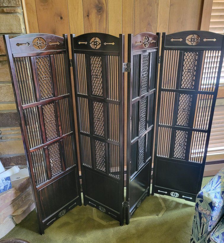 Vintage Dark Wood Folding Room Divider Screen, 4-Panel, Intricate Carved Details