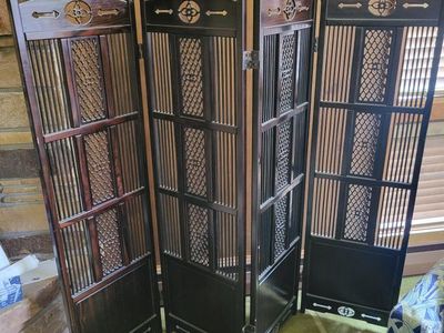 Vintage Dark Wood Folding Room Divider Screen, 4-Panel, Intricate Carved Details