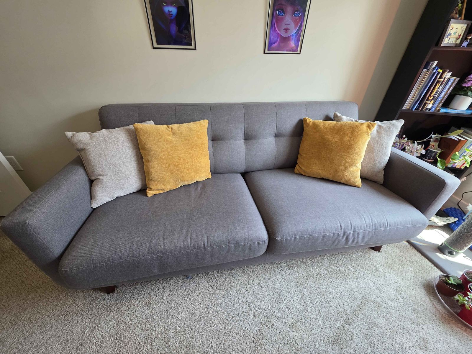 Mid-Century Modern Gray Fabric Loveseat Sofa - Compact 2-Seater, Tufted Back