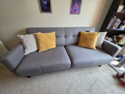 Mid-Century Modern Gray Fabric Loveseat Sofa - Compact 2-Seater, Tufted Back