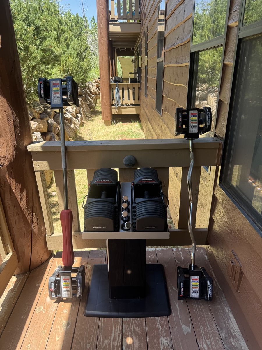 Powerblock Pro Series Dumbells, 90lbs, w/ stand and barbells