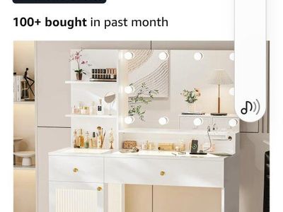 INNOD 40" Vanity Desk with Large Mirror and Lights, White Glass Top