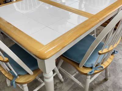Tile Top Wood Dining Table Set with 4 Spindle Chairs & Built-in Extension Leaf