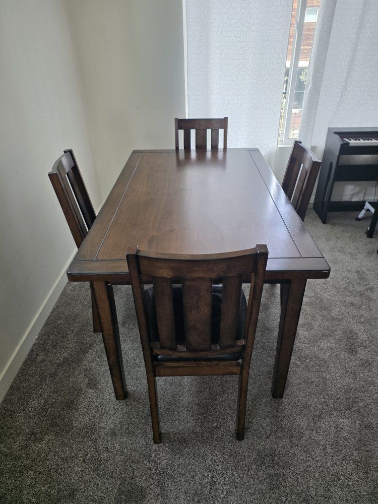 Wooden Dining Table & 4 Chairs - Dark Brown, Rectangular, Faux Leather Seats