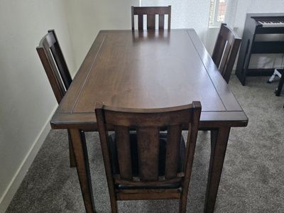 Wooden Dining Table & 4 Chairs - Dark Brown, Rectangular, Faux Leather Seats