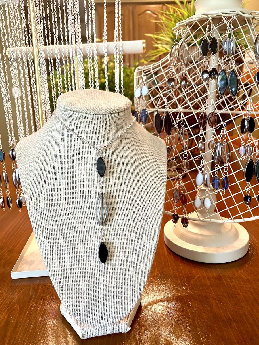 NEW- Handcrafted Oval Beaded Silver Chain Necklace & Earrings - Necklace Two Ways To Wear - Multiple Colors Available
