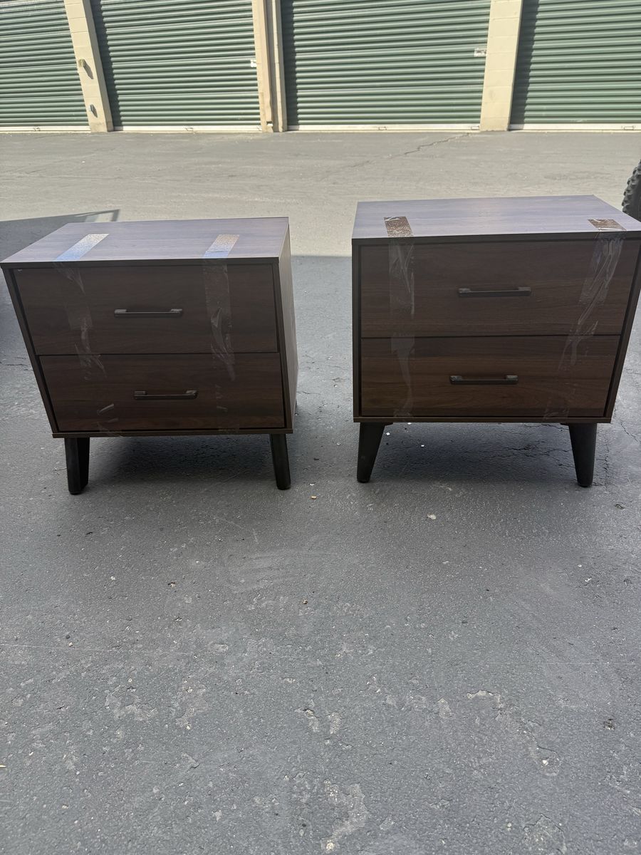 Set of 2 Dark Wood Grain Nightstands with 2 Drawers
