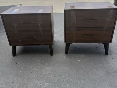 Set of 2 Dark Wood Grain Nightstands with 2 Drawers