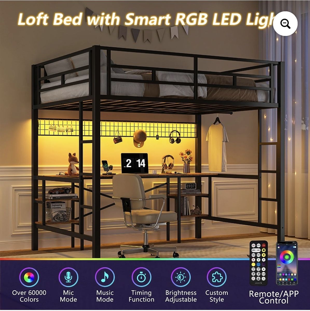 Metal Loft Bed, Twin, W/Desk