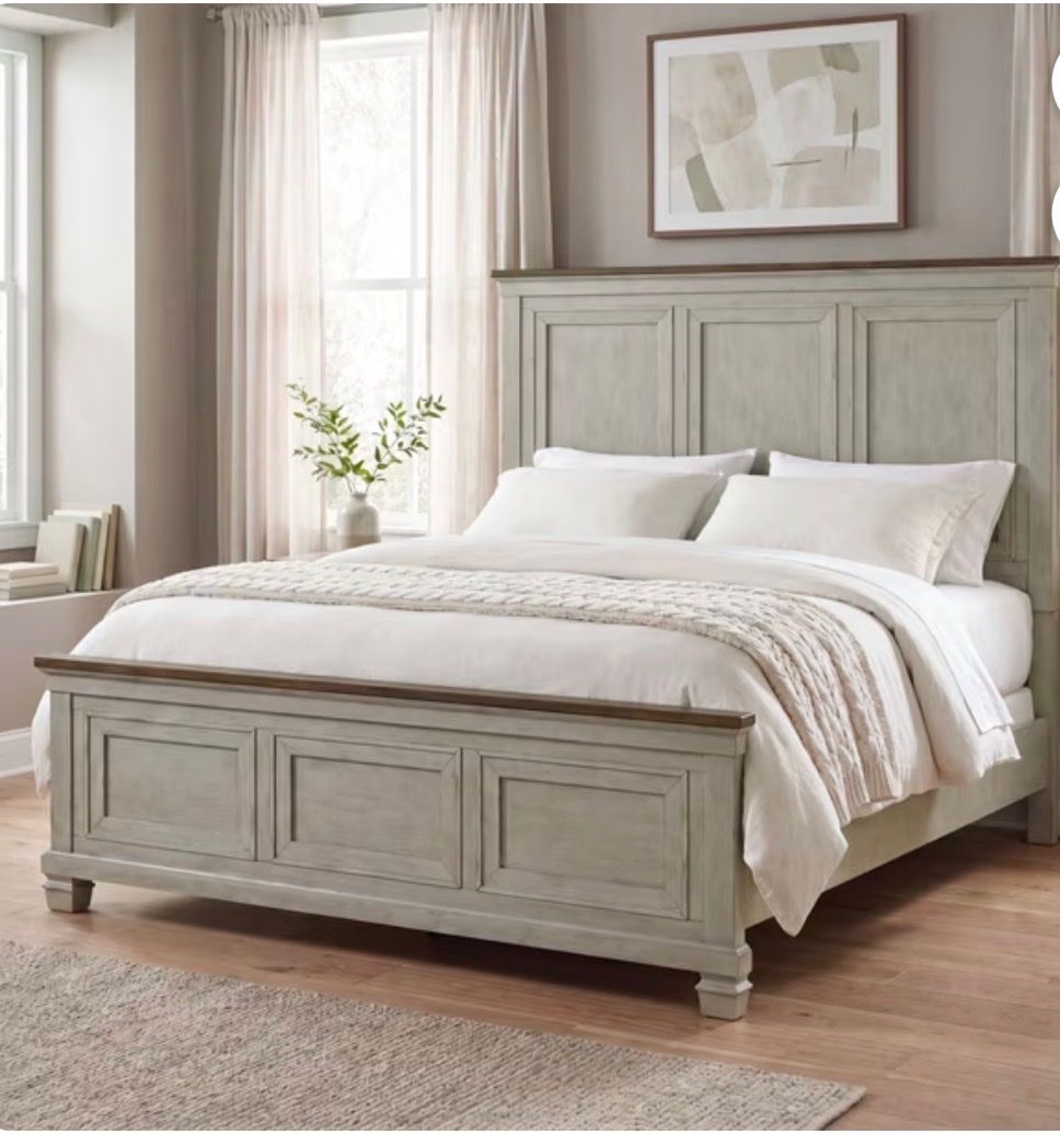 Greymont Queen Bed Frame - Light Gray Washed Stone & Brown Wood Panel Bed