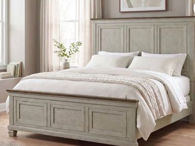 Greymont Queen Bed Frame - Light Gray Washed Stone & Brown Wood Panel Bed