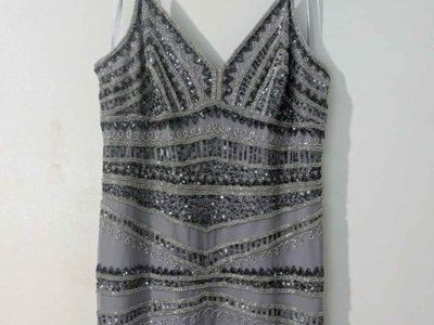 Adrianna Papell sz 14 Cocktail Dress - Stunning Gray Sequin Beaded V-Neck Spaghetti Strap Cocktail Dress - Form-Fitting Design