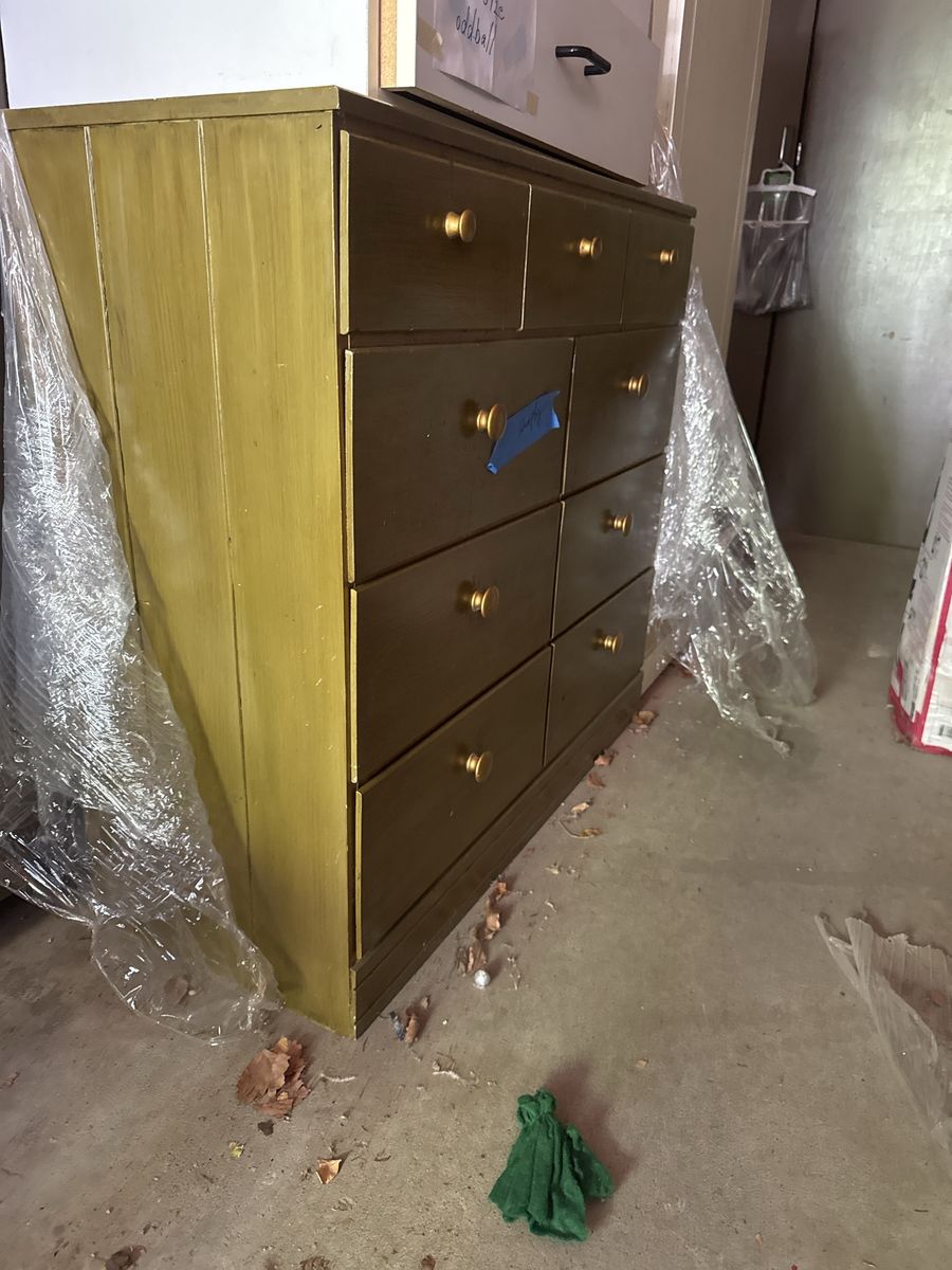Vintage Green Dresser with Multiple Drawers and Gold Knobs.  9 drawers. 36” wide x 15” deep x 34” high